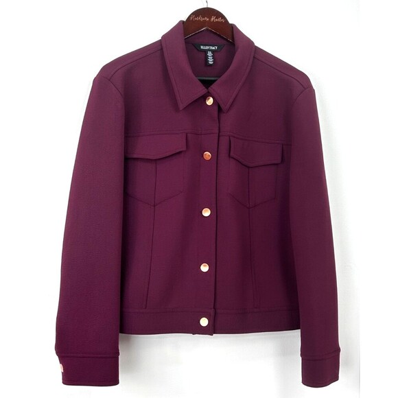 Ellen Tracy Women Jacket Maroon Poly Blend Button Up Collar Blazer Sz XL 1095E4 - Picture 2 of 12